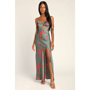 Lulus Fit For The Fete Sage Green Floral Satin Maxi Dress - Size S - WORN ONCE